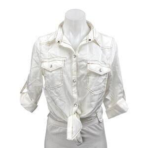 NEW Fashion Clothing White Snap Button Down Tie Front Crop Shirt Blouse Top XS